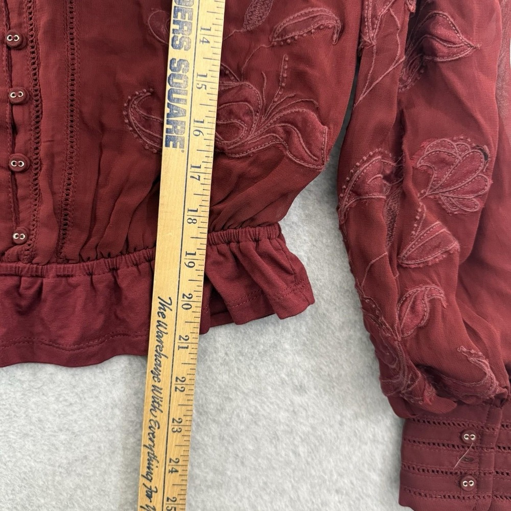 Anthropologie Top Women S Red Maroon Embroidered‎ Button Down Long Sleeve Blouse - Picture 8 of 10